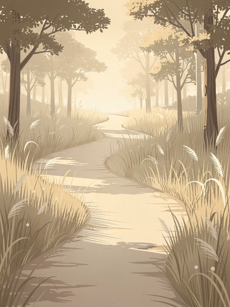 Illustration of a winding path through a calm, sunlit forest — forward motion and grounding.